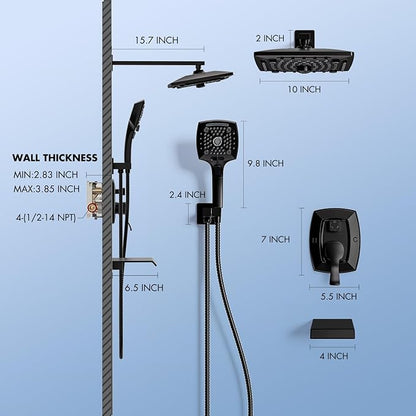 ELLO&ALLO Matte Black Tub Shower Faucet Set with Valve and Trim Kit, Rainfall Waterfall Shower Head with Handheld Combo