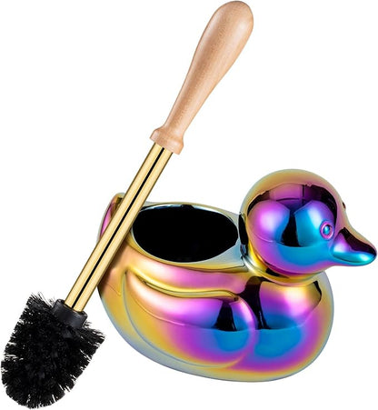 Ceramic Toilet Brush and Holder Set with Duck Base - Multicolor Rainbow, Freestanding Bathroom Brush Organizer, Space-Saving 7.5" Bowl Cleaner Kit - Bath Decor