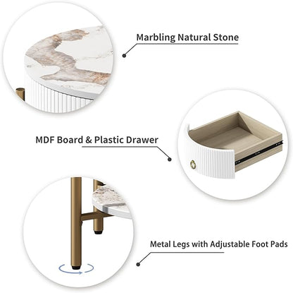 OIOG Modern End Table with Storage Drawer, Round 2-Tier Nightstand with Shelf, Gold Side Table with Metal Legs for Living Room, Bedroom, Office, Marbling Natural Stone/Gold