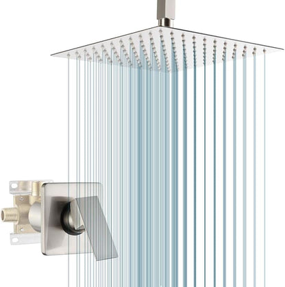 POP SANITARYWARE Ceiling Mount Shower Faucet Set Brushed Nickel Bathroom 10 Inch Rainfall Mixer Shower Head System Single Handle Shower Trim Kit with Rough-in Valve