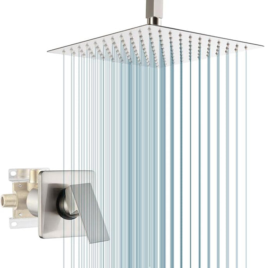 POP SANITARYWARE Ceiling Mount Shower Faucet Set Brushed Nickel Bathroom 10 Inch Rainfall Mixer Shower Head System Single Handle Shower Trim Kit with Rough-in Valve