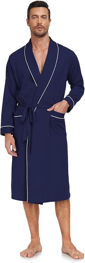 COLORFULLEAF Mens 100% Cotton Robes Lightweight Summer Long Bathrobe Sleepwear Soft Knit Spa Robe with Pockets