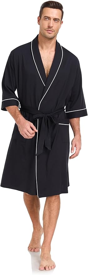 COLORFULLEAF Men's Bathrobes 100% Cotton Soft Comfort Breathable Short Sleeve Summer Kimono Mens Lightweight Robe