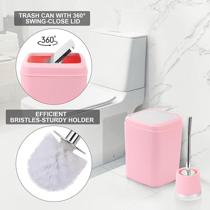 Pink Bathroom Accessories Set - 10 Piece Bathroom Set with Trash Can and Toilet Brush, Soap Dispenser, Toothbrush Holder and Cup, Soap Dish, and Qtip Holder, for Housewarming Gift