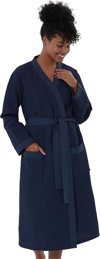 Women’s Luxury Waffle Shawl Collar, Hooded Robe w Piping – Lightweight, Long, Ultra Soft Spa Sleepwear Bathrobe