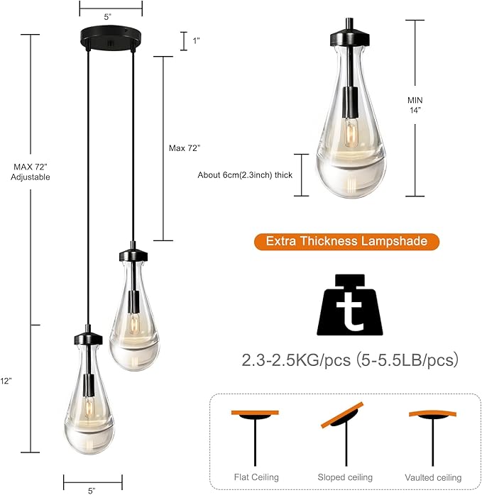 Black Raindrop Pendant Lights Kitchen Island, Bronze 2-Light Cluster Pendant Light for Dining Room, Dimmable Hanging Pendant Lighting Bedroom Light Fixture Ceiling Chandelier for Foyer