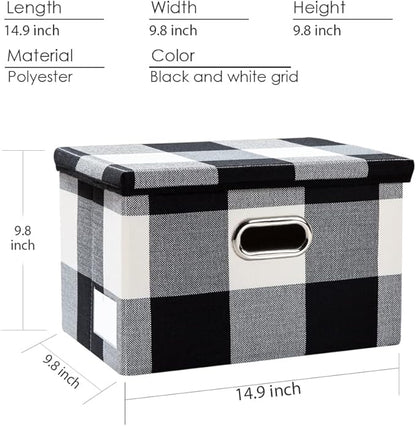 PRANDOM Collapsible Storage Bin with Lid [3-Pack] Fabric Foldable Storage Box Organizer Container Basket Cube with Cover for Home Bedroom Closet Office Nursery Black and White Grid(14.9x9.8x9.8)