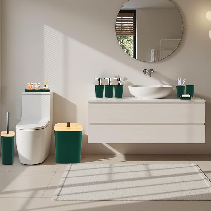 Dark Green Bathroom Accessories, Green Bathroom Accessories Set with Trash Can, Soap Dispenser, Toothbrush Holder, Toothbrush Cup, Soap Dish, Toilet Brush, Tray and Q-tip Holders