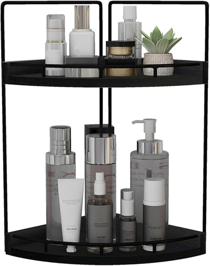 Dorhors 2-Tier Bathroom Counter Organizer,Vanity Counter Corner Shelf, Skincare, Wood Countertop Bathroom Storage and Organization for Kitchen (Black)