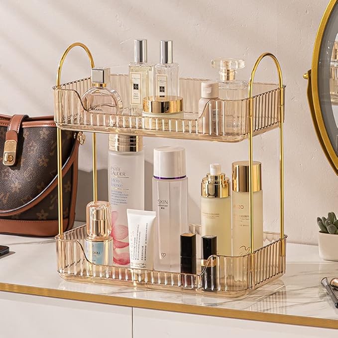Bathroom Counter Organizer Countertop Storage, Cosmetics Skincare Shelf, Makeup Organizer Perfume for Dresser Vanity Tray, Spice Rack for Kitchen(2 Tier-Gold)