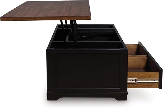 Signature Design by Ashley Wildenauer Farmhouse 2-Drawer Lift-Top Coffee Table with 2 Storage Bins Under Top and Casters, Light Brown & Black
