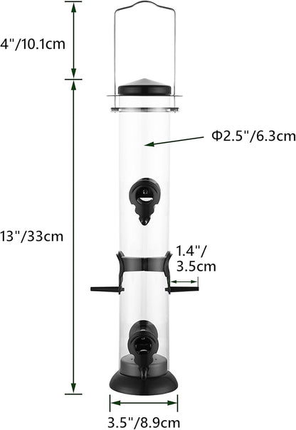 Bird Feeder Premium Hard Plastic for Wild Bird Feeders for Outdoors,Tube Bird Feeders for Outdoors Hanging,14 Inch 6 Port Black,Pack of 1