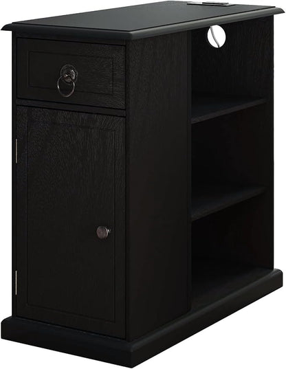 ChooChoo Farmhouse XXL End Table with Charging Station，Narrow Sofa Side Table with Adjustale Shelf, 3 Tier Rustic Night Stand for Small Place Living Room, Charcoal Black