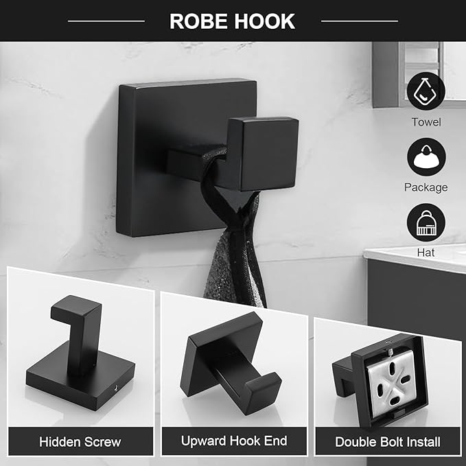 TQKAG 6-Piece Bathroom Towel Bar Sets Matte Black 23.6 inch Towel Bar Stainless Steel Towel Ring Coat Hook and Toilet Paper Holder Bathroom Hardware Set Wall Mounted Bathroom Accessories Kit