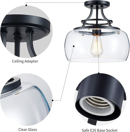WUZUPS Chandelier Rustic Farmhouse Industrial Round Semi-flushmount Ceiling LED Light Fixture with Clear Glass Shades for Bathroom Kitchen Foyer Entryway, H 11.8" x W 13.4", E26 Base, Black