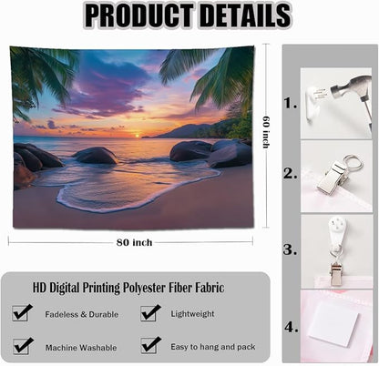 keowhsf Beach Sunset Ocean Tapestry – Tropical Palm Trees Wall Decor with Warm Orange Sky, Summer Seaside Landscape Wall Hanging for Bedroom Living Room Dorm