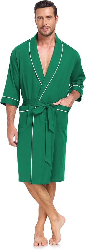 COLORFULLEAF Men's Bathrobes 100% Cotton Soft Comfort Breathable Short Sleeve Summer Kimono Mens Lightweight Robe
