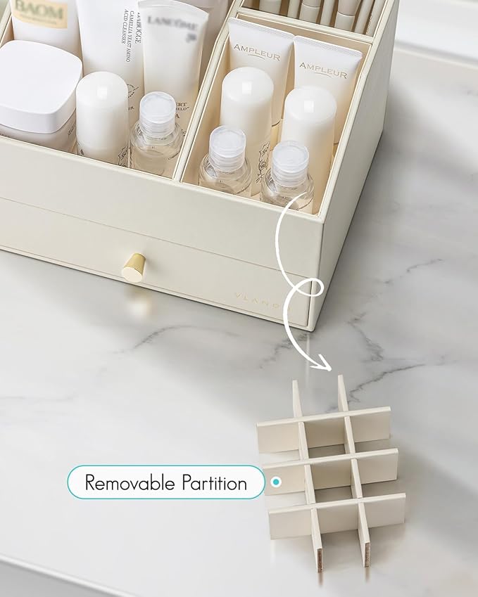 Vlando Makeup Organzier,Vanity Organizer with Drawers, PU Leather Skincare Organizer Perfume Organizer,Large Cosmetic Display Case for Lipstick,Brushes Gifts for Women-Beige