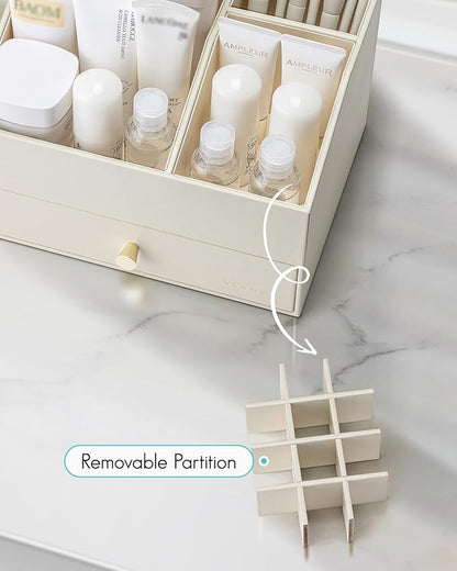 Vlando Makeup Organzier,Vanity Organizer with Drawers, PU Leather Skincare Organizer Perfume Organizer,Large Cosmetic Display Case for Lipstick,Brushes Gifts for Women-Beige