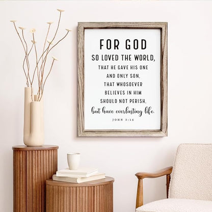 Christian Wooden Sign, Living Room Decors, Bible Verse Decor, Rustic Home Decor, Religious Artwork for Wall, Framed Wall Plaque Sign 15 * 11.5 inches, For God So Loved the World