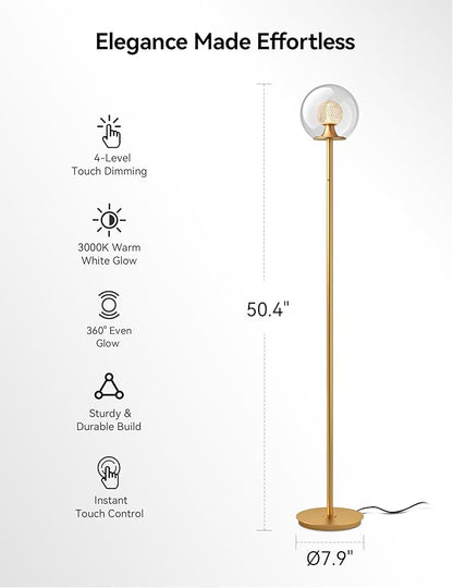 Tubicen Gold Floor Lamp with Dual-Globe Glass Shade Memory Function Art Decor 4-Stage Touch Control Dimmable Modern LED Corner Standing Floor Lamp for Bedroom Office Living Room Bedside