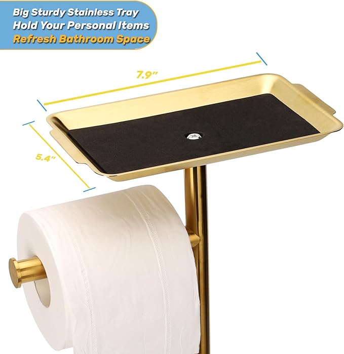 Toilet Paper Holder Stand for Bathroom Floor Freestanding Toilet Roll Dispenser Storages 4 Reserve Rolls, with Top Storage Shelf for Cell Phone (Brushed Gold)