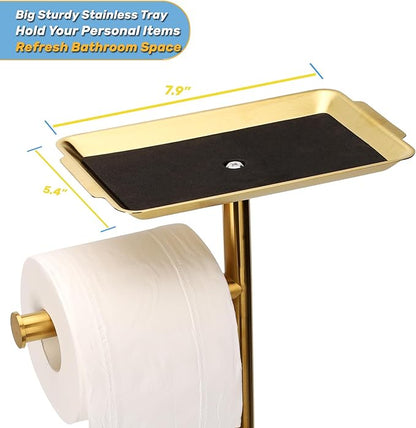 Toilet Paper Holder Stand for Bathroom Floor Freestanding Toilet Roll Dispenser Storages 4 Reserve Rolls, with Top Storage Shelf for Cell Phone (Brushed Gold)