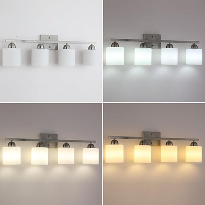 Stainless Steel Milk Glass Vanity Lights for Bathroom, 4 Light Brushed Nickel Bathroom Light Fixtures Over Mirror, Ceramic E26 Sockets Wall Mounted