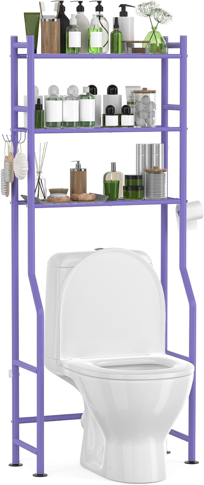 3-Tier Over The Toilet Storage with Paper Holder, Metal Bathroom Organizers and Storage for Small Space, Freestanding Bathroom Shelves with 4 Hooks, Above The Toilet Storage Shelf, Purple