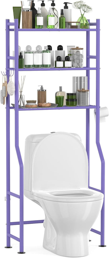 3-Tier Over The Toilet Storage with Paper Holder, Metal Bathroom Organizers and Storage for Small Space, Freestanding Bathroom Shelves with 4 Hooks, Above The Toilet Storage Shelf, Purple