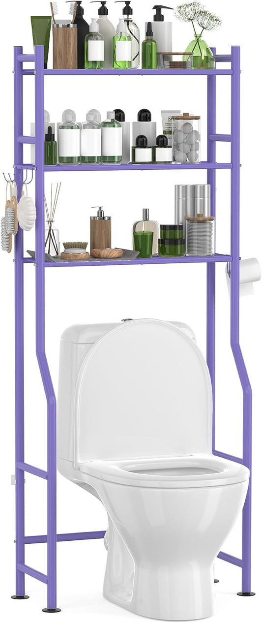 3-Tier Over The Toilet Storage with Paper Holder, Metal Bathroom Organizers and Storage for Small Space, Freestanding Bathroom Shelves with 4 Hooks, Above The Toilet Storage Shelf, Purple