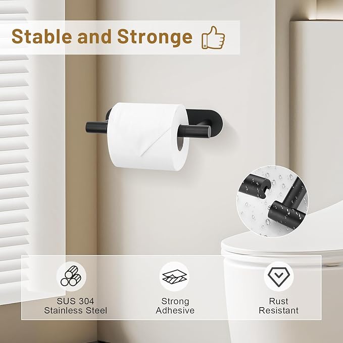 Self Adhesive Matte Black Toilet Paper Holder, SUS304 Stainless Steel Toilet Roll Holder, Double Base Paper Towel Holder Wall Mount No Drilling for Bathroom, Kitchen, Washroom