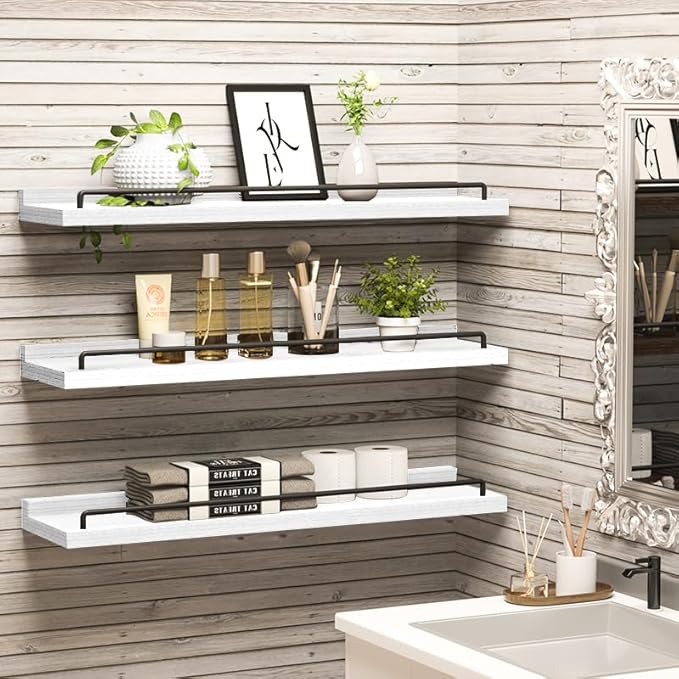 22 inches Long Floating Shelves, Bathroom Decor Shelves Over Toilet, Farmhouse Wall Shelves for Living Room, Bedroom, Picture Frames, Plants, Kitchen, Set of 3 (White and Black)