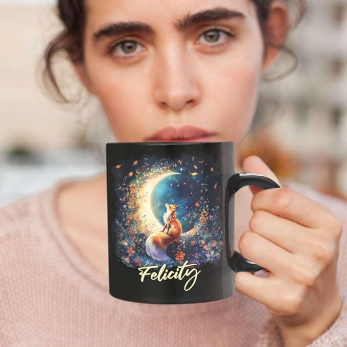 Personalized Name Ceramic Mug, Enchanted Forest Themed Decorative Cup, Custom Cute Fox With Crescent Moon Mug, Customized Floral Fox Coffee Cup 11oz 15oz, Animal Black Mug For Kids