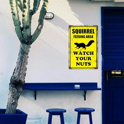 Squirrel Sign Funny Metal Sign Squirrel Feeding Area Watch Your Nuts Signs Vintage Tin Sign For Home Outdoor Garage Wall Decoration 8x12inch