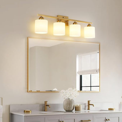 Stainless Steel Milk Glass Vanity Lights for Bathroom, 4 Light Gold Bathroom Light Fixtures Over Mirror, Ceramic E26 Sockets Wall Mounted