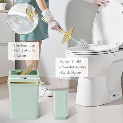 9PCS Bathroom Accessory Set, Green Bathroom Set with Large-Capacity 4 Gallon Trash Can, Bathroom Accessories Set Complete, Toothbrush Holder, Soap Dispenser, Toilet Brush, Bathroom Decor