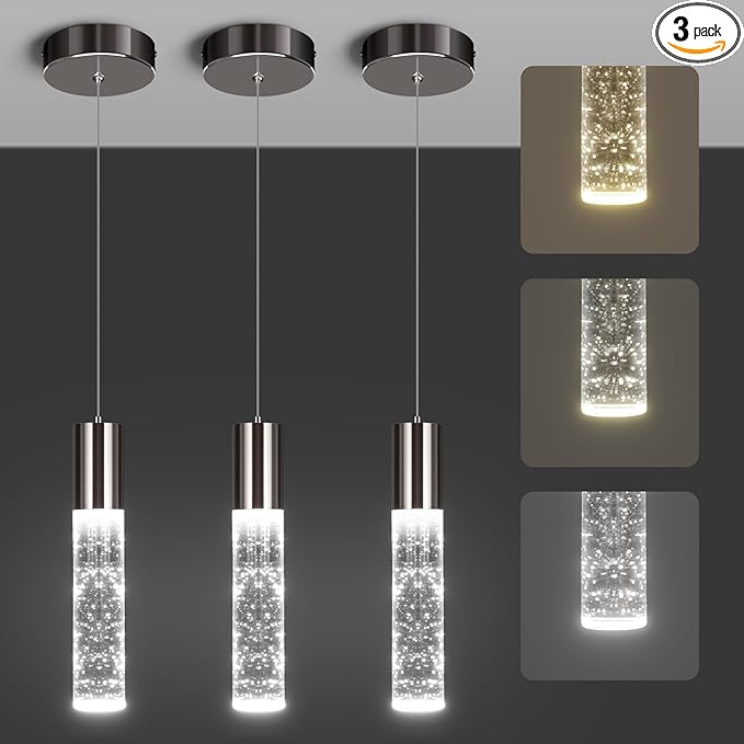 OKELI Modern Pendant Lights,3 Color LED Bubble Crystal Island Light Fixtures,Black Mini Pendant Lighting for Kitchen Island,Bar,6W,3000-6000K,ETL,3 Pack