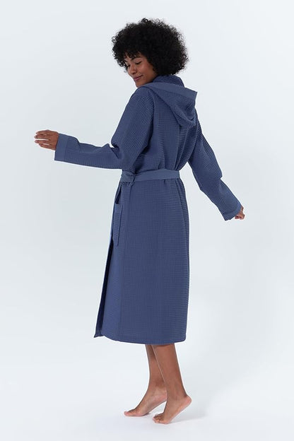 Women’s Luxury Waffle Shawl Collar, Hooded Robe w Piping – Lightweight, Long, Ultra Soft Spa Sleepwear Bathrobe