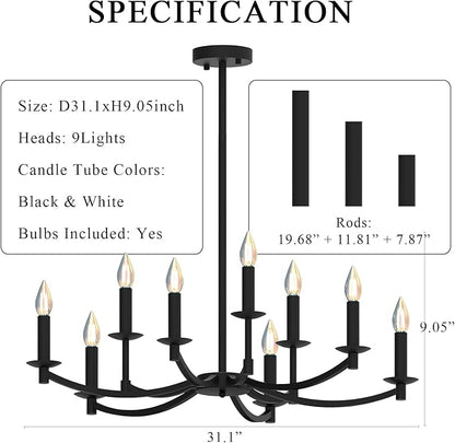 Round Black Chandeliers, Modern Candle Hanging Lights, LED Pendant Lighting Ceiling for Dining Room Bedroom Kitchen Island Farmhouse Living Room (Black-A 9Lights)