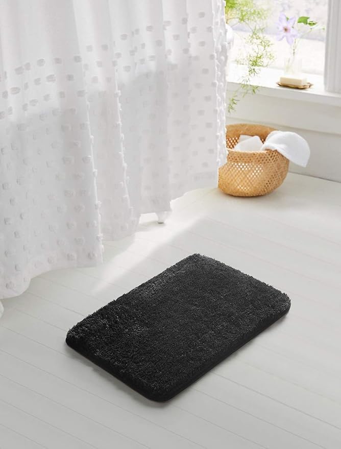 Suchtale Non Slip Bath Mat (20 x 32, Black) - Water Absorbent, Soft Microfiber Shaggy Bathroom Rug, Machine Washable, Thick Plush Shower Mat