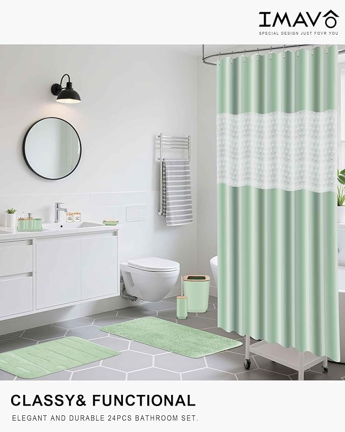 Bathroom Accessories Set,Green Bathroom Set,24 Pieces Bathroom Accessory Set with Shower Curtain,Trash Can for Bathroom Accessories Décor and Home Gifts