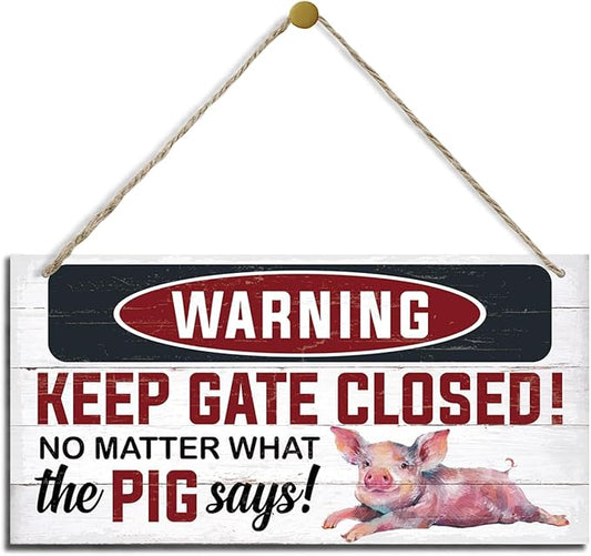 Rustic Warning Gate Plaque - Decorative Wooden Pig Sign for Farm Fence & Wall Gate Decor