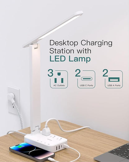 Addtam LED Desk Lamp, Power Strip with 3 Outlets 4 USB Charging Ports(2 USBC), 4 Modes 5 Level Brightness Touch Lamp, Small Desk Lamp for Home Office College Dorm Room Essentials, White