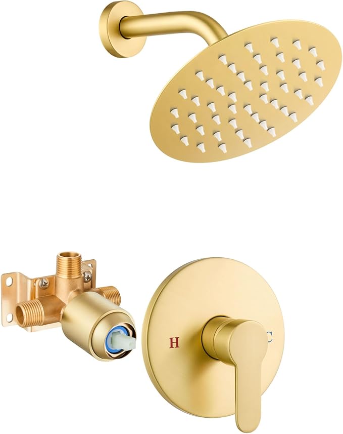 Airuida Shower Faucet Set,Single Function Shower Trim Kit,Wall Mount 6 Inch Round Rainfall Shower Head and Handle Set,Single Handle Shower System Set Male Threads Rough-in Valve Brushed Gold