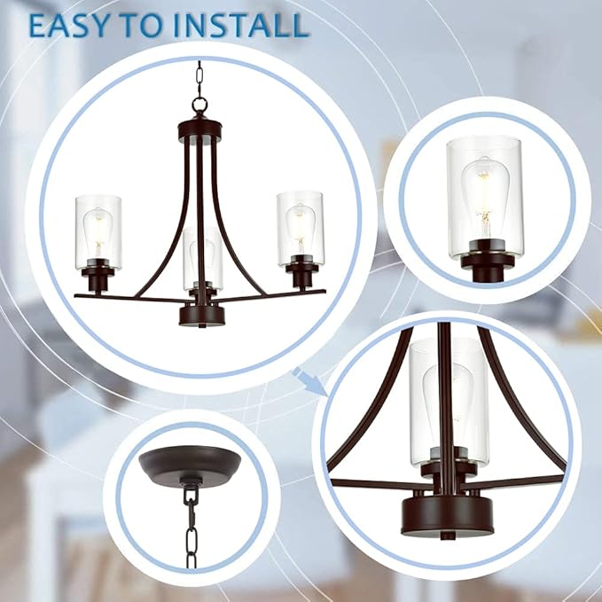 BONLICHT 3 Lights Oil-Rubbed Bronze Traditional Chandelier Rustic Kitchen Island Lighting Fixtures Hanging Clear Glass Cylinder Pendant Lights Classic Ceiling Light for Dining Room Bedroom Foyer