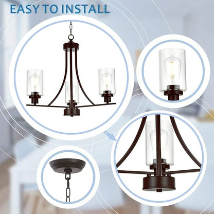 BONLICHT 3 Lights Oil-Rubbed Bronze Traditional Chandelier Rustic Kitchen Island Lighting Fixtures Hanging Clear Glass Cylinder Pendant Lights Classic Ceiling Light for Dining Room Bedroom Foyer