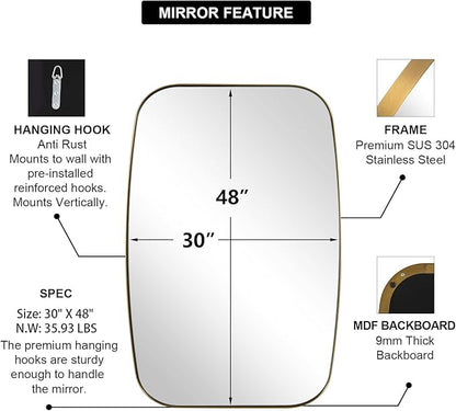 ANDY STAR Gold Mirror, 30x48’’ Brushed Gold Oval Mirror for Bathroom, Oblong Mirrors with Brass Metal Frame, Oval Vanity Mirror for Modern Farmhouse Wall Decor 1”Deep Set Design