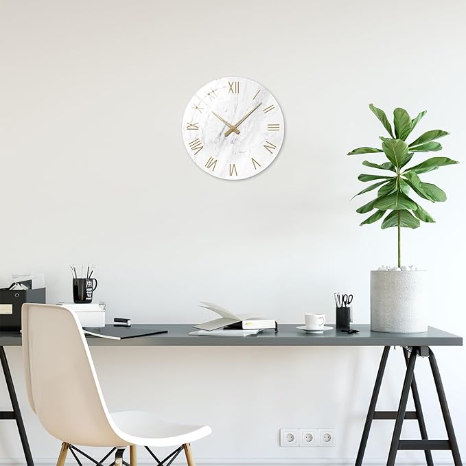 White Small Wall Clocks Battery Operated Marble Analog Clock for Bedroom 12 Inch Round Silent Wall Clock Modern