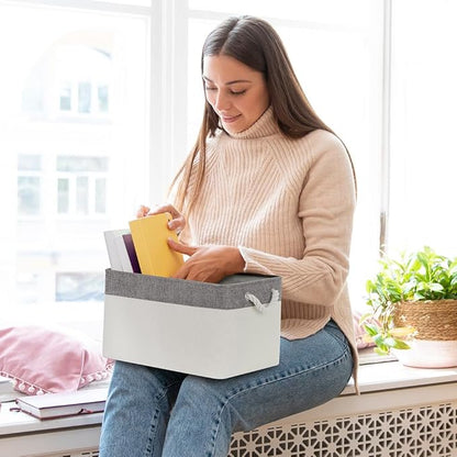 Organization and Storage Bins for Shelves - Large 4 Pack 16x12x8 inch Collapsible Storage Basket for Organizing, Fabric Storage Cubes for Box Closet Cloth Toy Nursery Books Kids (Grey & White)